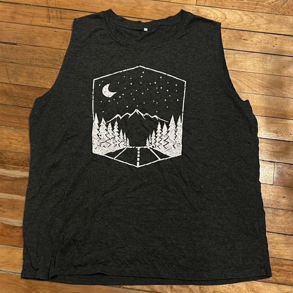 Women’s Dark Charcoal Gray Sleeveless Tank Top with mountain highway 2XL